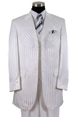 White Wedding Suit For Men - Perfect For Groom - Mens 4 Button Semi Wide Leg Shiny Tonal Stripe Fashion Suit In White - Men's Tuxedo USA