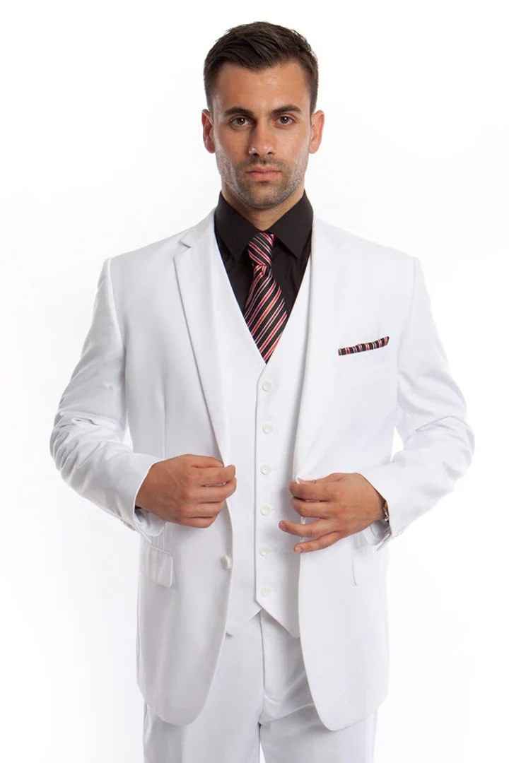 White Wedding Suit For Men - Perfect For Groom - Men's Vested Two Button Solid Color Wedding & Business Suit In White - Men's Tuxedo USA