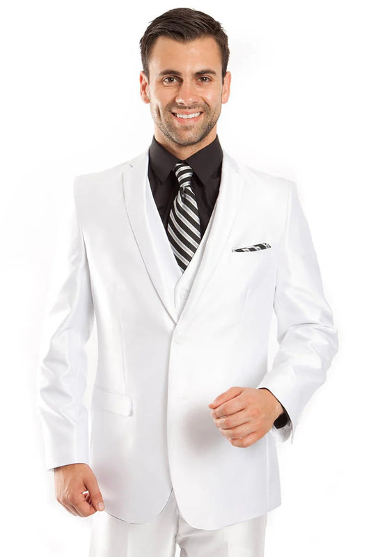 Men's Two Button Vested Shiny Sharkskin Wedding  Prom Fashion Suit in White - Men's Tuxedo USA