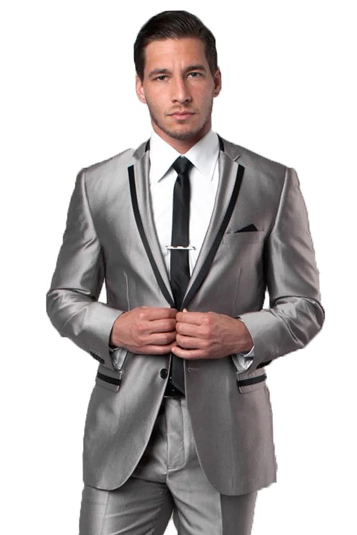 Mens Gray Tuxedo - Grey Wedding Suit-Men'S Two Button Slim Fit Wedding & Prom Tuxedo Suit In Shiny Silver Sharkskin With Black Piping - Men's Tuxedo USA