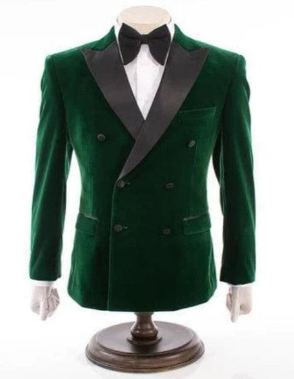 Mens Double Breasted Velvet Blazer - Green and Black Tuxedo