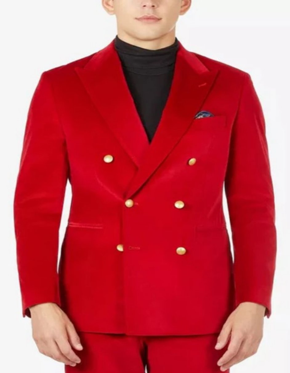 Mens Blazer - Six Button Color Velvet Blazer - Red Double Breasted Blazer