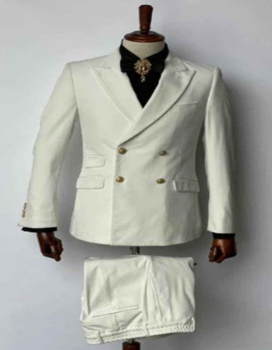 Mens 6 Button Double Breasted Velvet Tuxedo - Off White Tuxedo