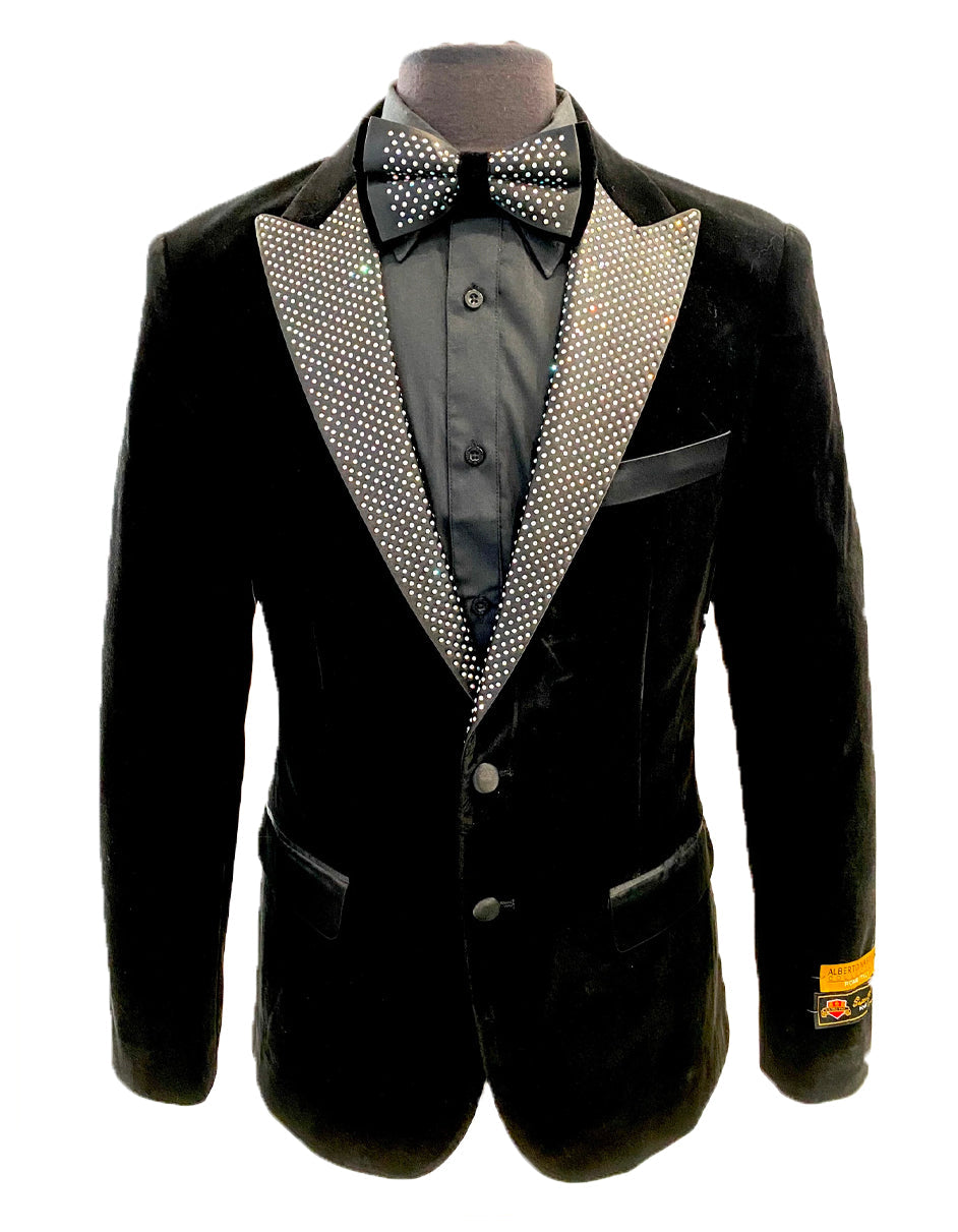 Mens Designer Velvet Dinner Jacket Tuxedo in Black with Silver Diamond Lapel - Men's Tuxedo USA