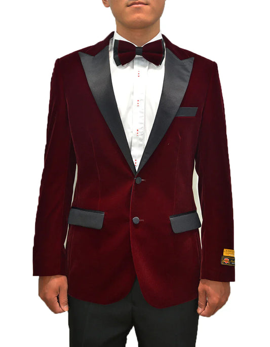 Mens Classic Velvet Modern Fit Tuxedo Dinner Jacket in Burgundy - Men's Tuxedo USA