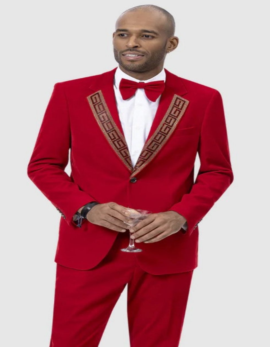 Mens One Button Modern Fit Velvet Tuxedo Suit with Gold Sequin Lapel Embellishment in Red