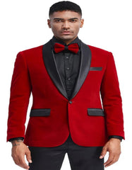 Mens Slim Fit 1 Button Shawl Lapel Velvet Wedding and Prom Tuxedo Jacket in Red