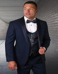 Blue Prom Suit - Blue Homecoming Outfits For Guys with Matching Paisley Vest Set in Indigo Blue - Men's Tuxedo USA