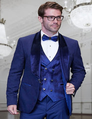 Blue Prom Suit - Blue Homecoming Outfits For Guys with Velvet Lapel and Vest in Sapphire Blue - Men's Tuxedo USA