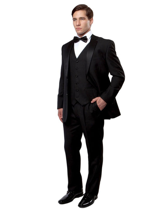 Mens Vested Modern Fit 2 Button Notch Wool Tuxedo in Black - Men's Tuxedo USA