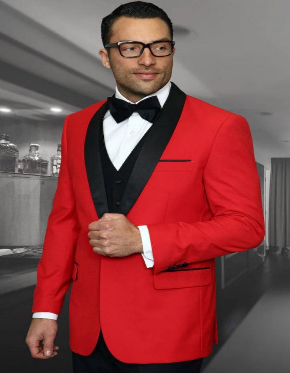 Mens One Button Vested Classic Dinner Jacket Wedding Tuxedo in Red