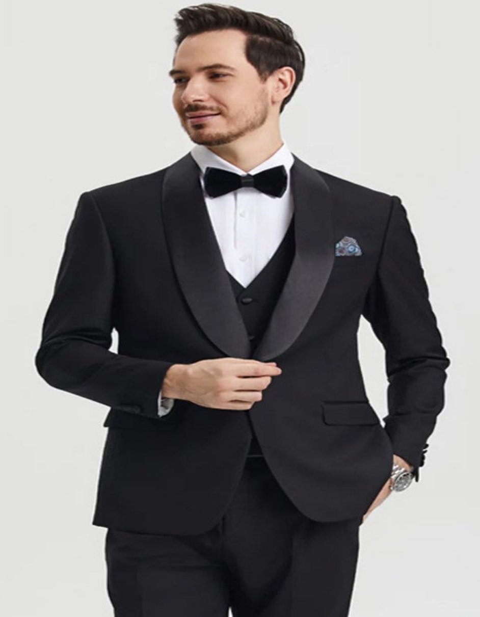 Black Tuxedo - Mens Wedding Suit Vested One Button - Black Prom Suit - Men's Tuxedo USA