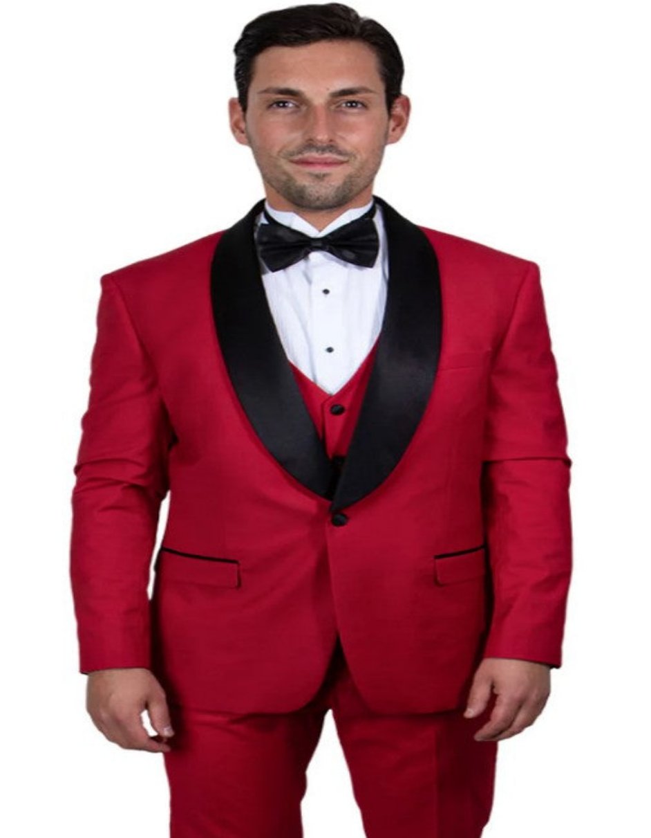 Mens Vested One Button Shawl Lapel Tuxedo in Red