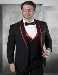 Mens Modern Fit Vested Shawl Tuxedo in Black with Red Satin Trim