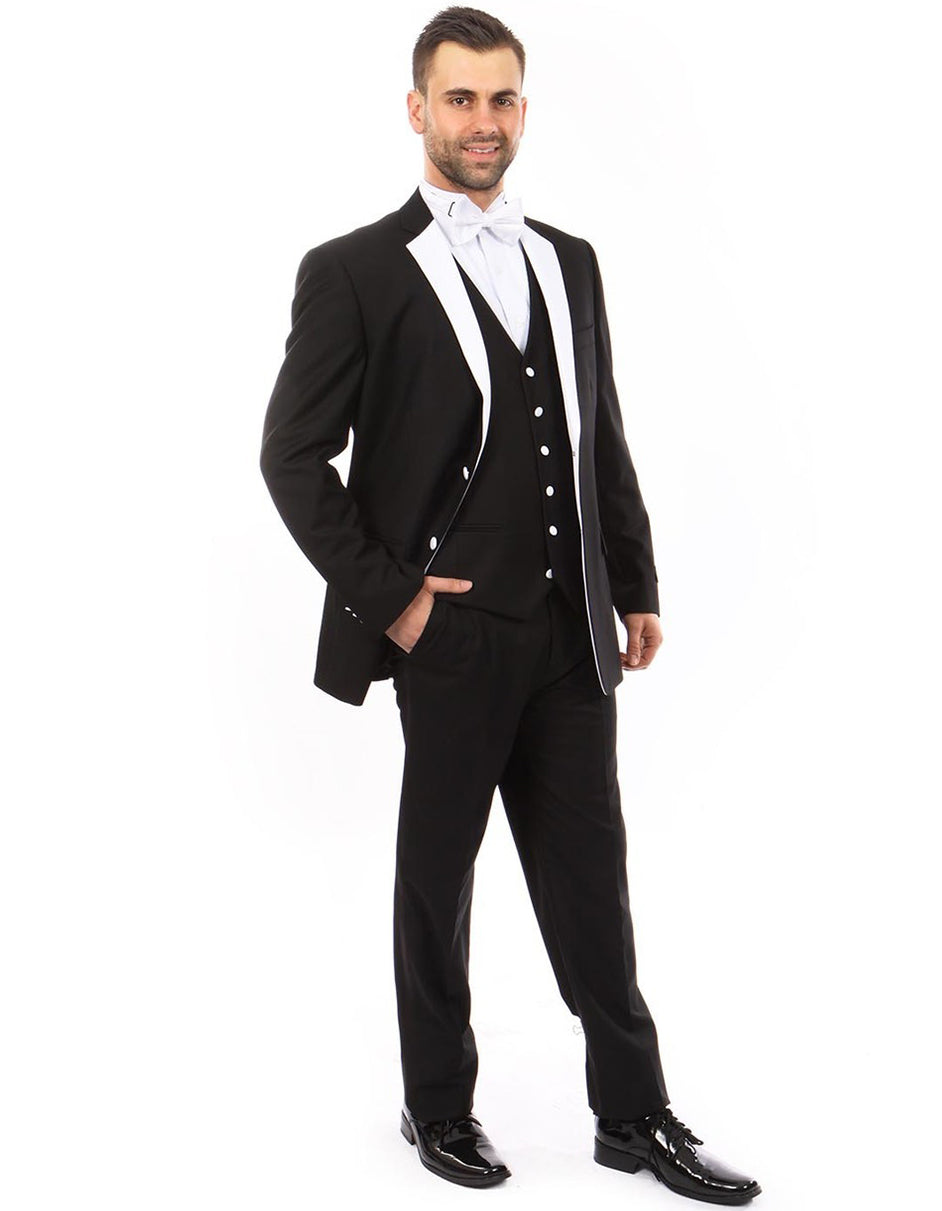 Mens Vested Modern Fit 2 Button Notch Wool Tuxedo in Black/White - Men's Tuxedo USA