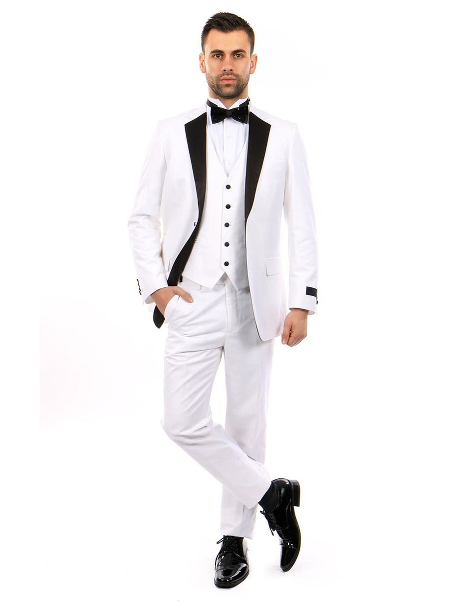 Mens Vested Modern Fit Notch Tuxedo in Black/White - Men's Tuxedo USA