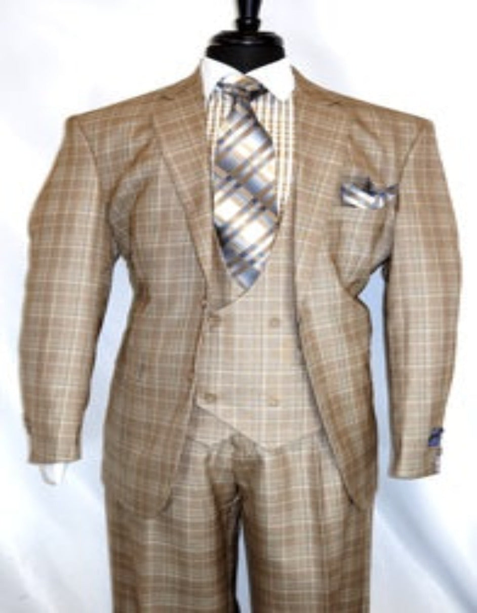 Plaid Suit For Summer - Khaki Color Suit - Camel Suit With Double Breasted Vest in Dark Tan Color - Men's Tuxedo USA