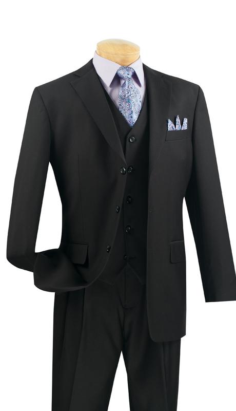 Mens 3 Button Black Vested Suit with grey pinstripe pants - Men's Tuxedo USA