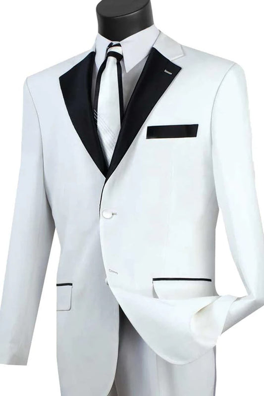 All White Mens Tuxedo -  Wedding Suit - Mens 2 Button Contrast Notch Lapel Tuxedo In White - Men's Tuxedo USA