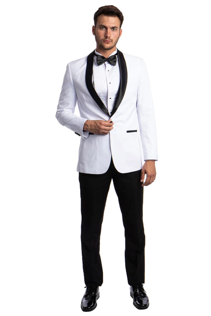 All White Mens Tuxedo -  Wedding Suit - Men's Skinny Fit One Button Shawl Prom Tuxedo In White - Men's Tuxedo USA