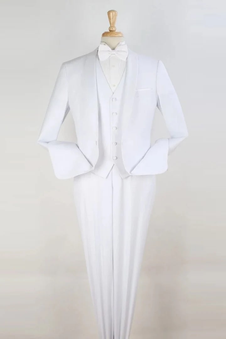 All White Mens Tuxedo -  Wedding Suit - Mens One Button Modern Fit Vested Shawl Tuxedo In White - Men's Tuxedo USA