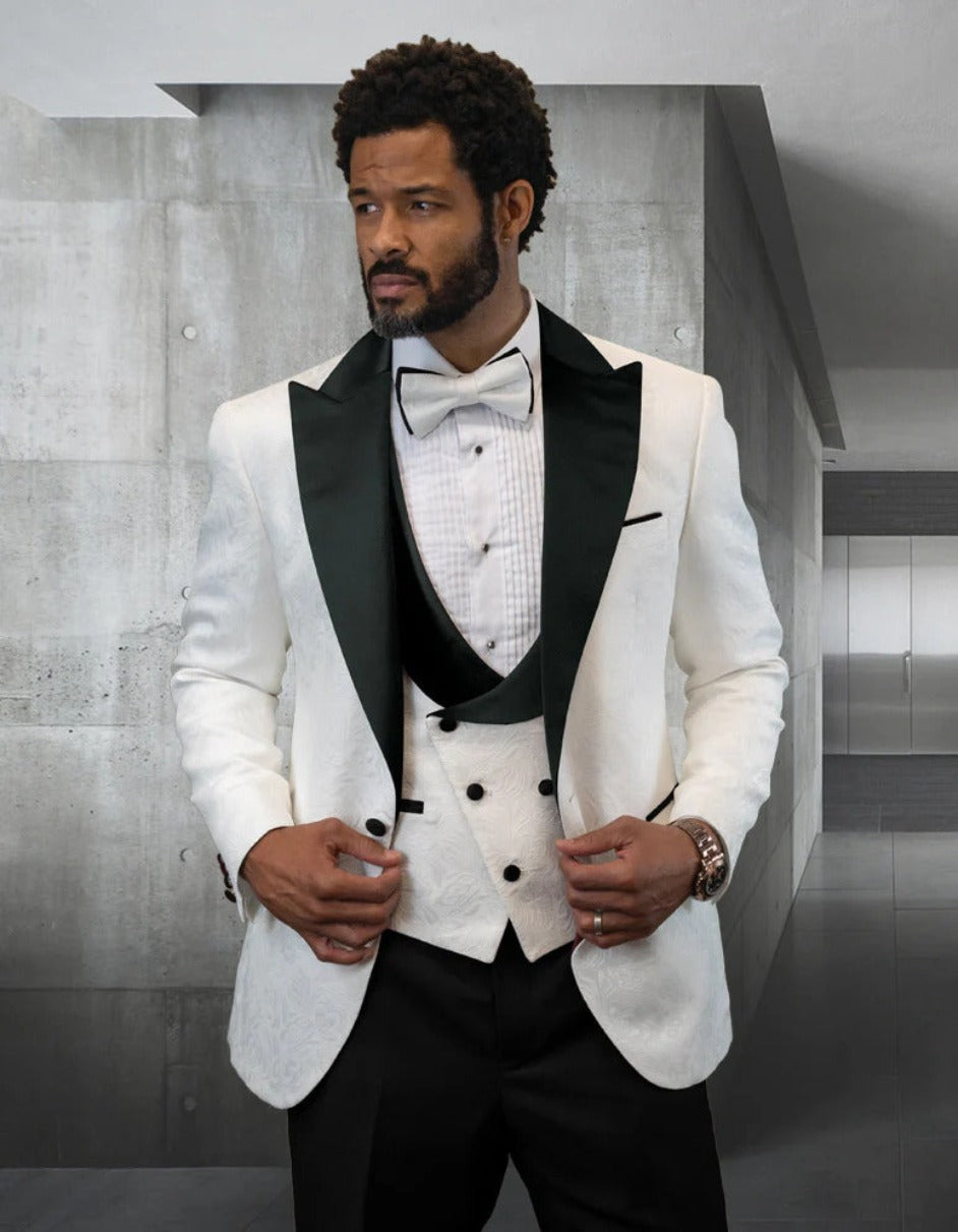 Statement Men's White with Black Peak Lapels Vested Tuxedo with Bow Tie - Men's Tuxedo USA