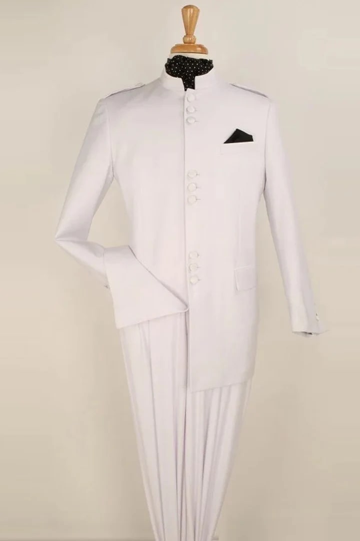 White Wedding Suit For Men - Perfect For Groom - Mens Classic Military Banded Collar Mandarin Safari Suit In White - Men's Tuxedo USA