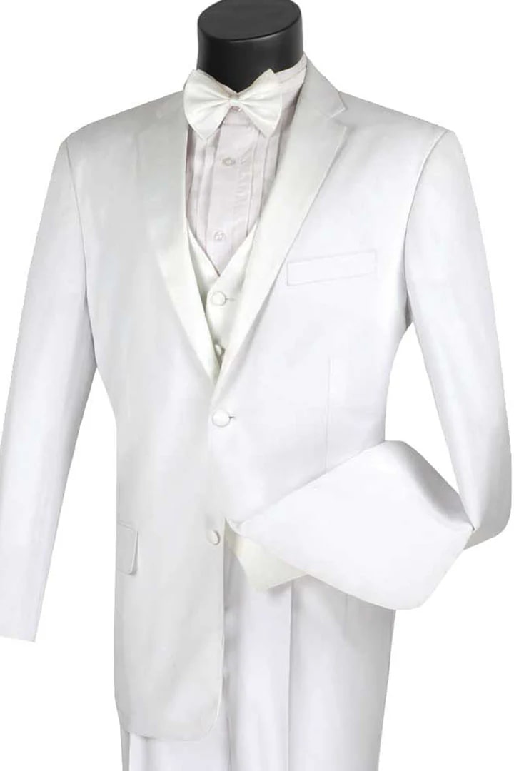 All White Mens Tuxedo -  Wedding Suit - Mens 2 Button Vested Classic Tuxedo In White - Men's Tuxedo USA