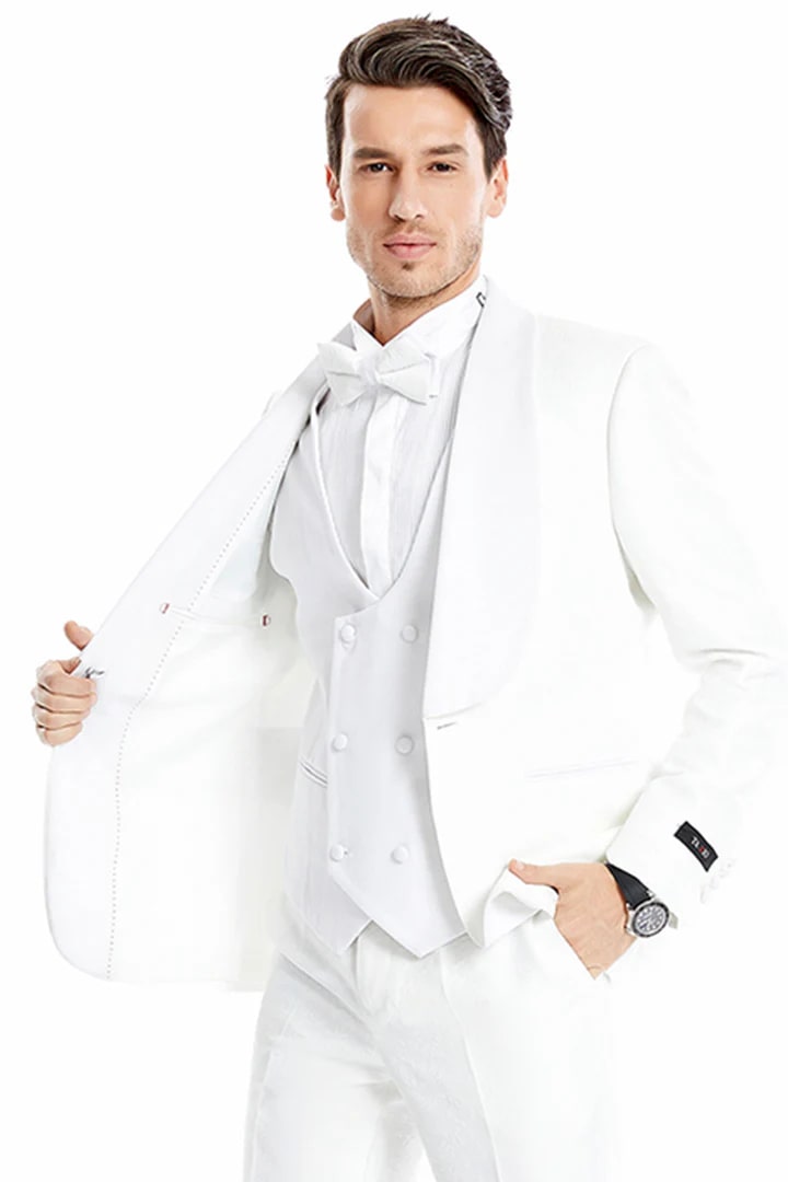 All White Mens Tuxedo -  Wedding Suit - Men's One Button Vested Wide Shawl Lapel Lace Style Paisley Prom & Wedding Tuxedo In White - Men's Tuxedo USA