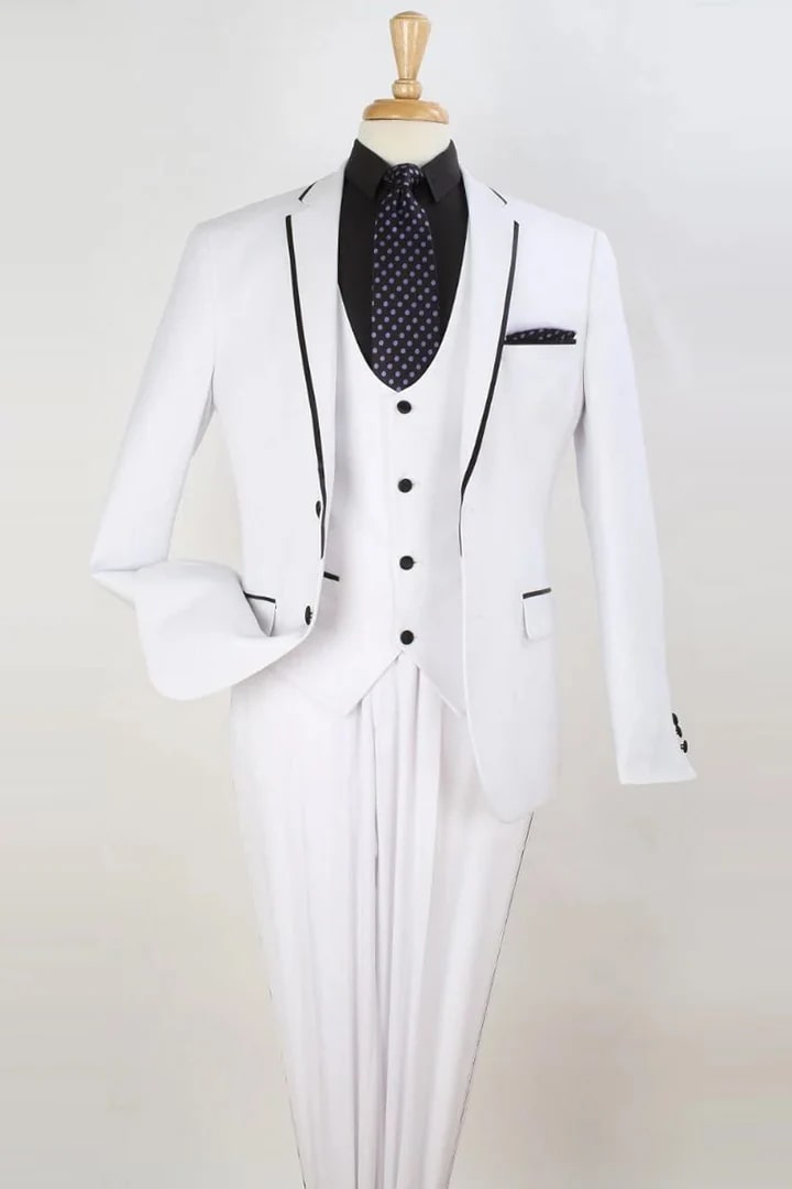 All White Mens Tuxedo -  Wedding Suit - Mens Two Button Slim Fit Vested Prom Tuxedo Suit With Trim In White - Men's Tuxedo USA