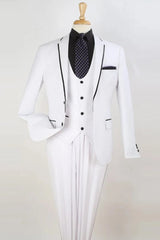 All White Mens Tuxedo -  Wedding Suit - Mens Two Button Slim Fit Vested Prom Tuxedo Suit With Trim In White - Men's Tuxedo USA