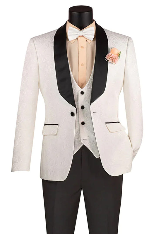 All White Mens Tuxedo -  Wedding Suit - Men's Slim Fit Vested Paisley Wedding Tuxedo In White - Men's Tuxedo USA