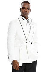 Men's Slim Fit Double Breasted Smoking Jacket Prom Wedding Tuxedo in White Paisley - Men's Tuxedo USA