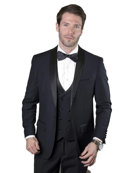 Statement Men's Navy Shawl Lapel 100% Wool Vested Tuxedo - Men's Tuxedo USA