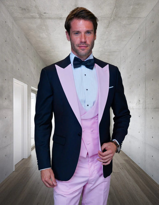 Statement Men's Black Vested with Pink Peak Lapel 100% Wool Tuxedo - Men's Tuxedo USA