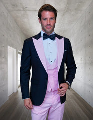 Statement Men's Black Vested with Pink Peak Lapel 100% Wool Tuxedo - Men's Tuxedo USA