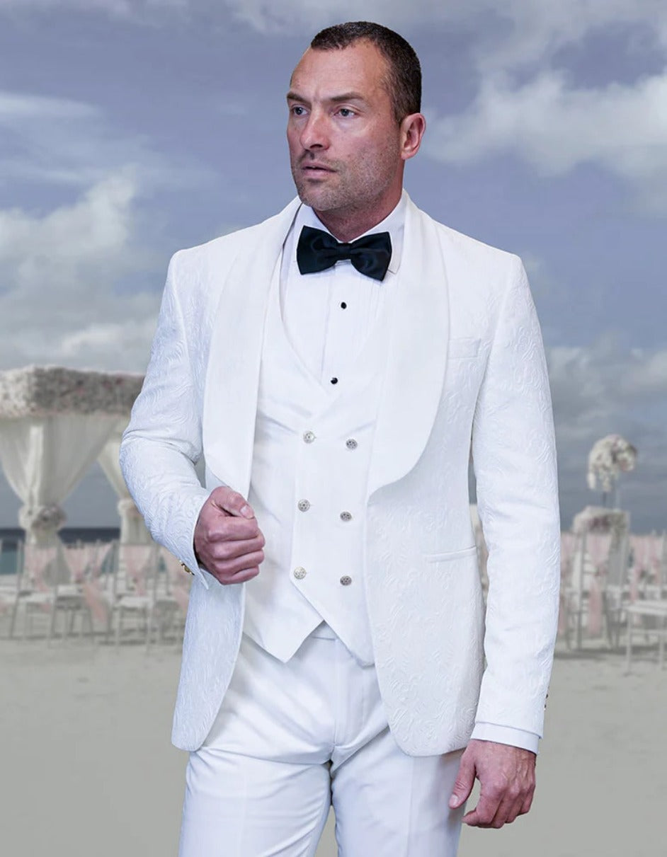 Statement Men's White Velvet Shawl Lapel Tuxedo with Velvet Vest - Men's Tuxedo USA