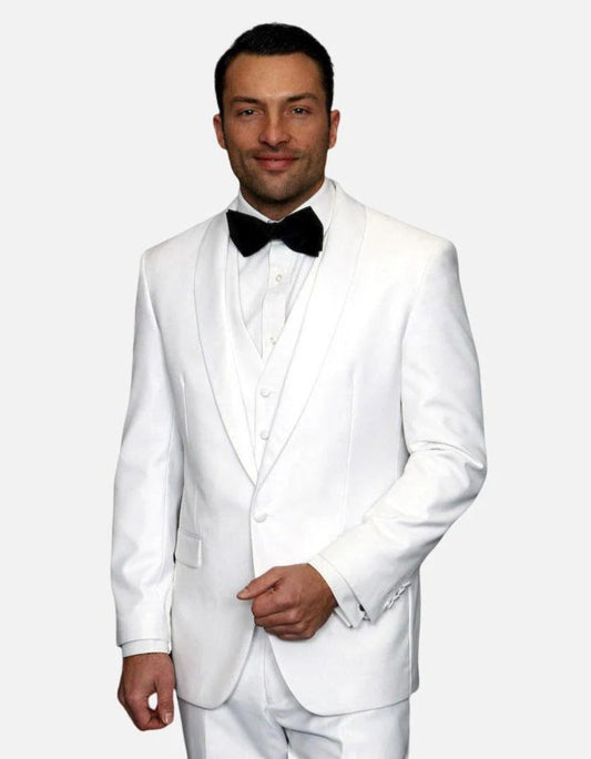 Statement Men's White with White Lapel Vested 100% Wool Tuxedo - Men's Tuxedo USA