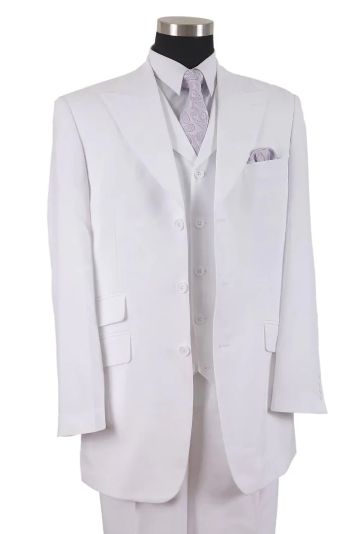 White Wedding Suit For Men - Perfect For Groom - Mens 3 Button Vested Wide Peak Lapel Fashion Suit In White - Men's Tuxedo USA