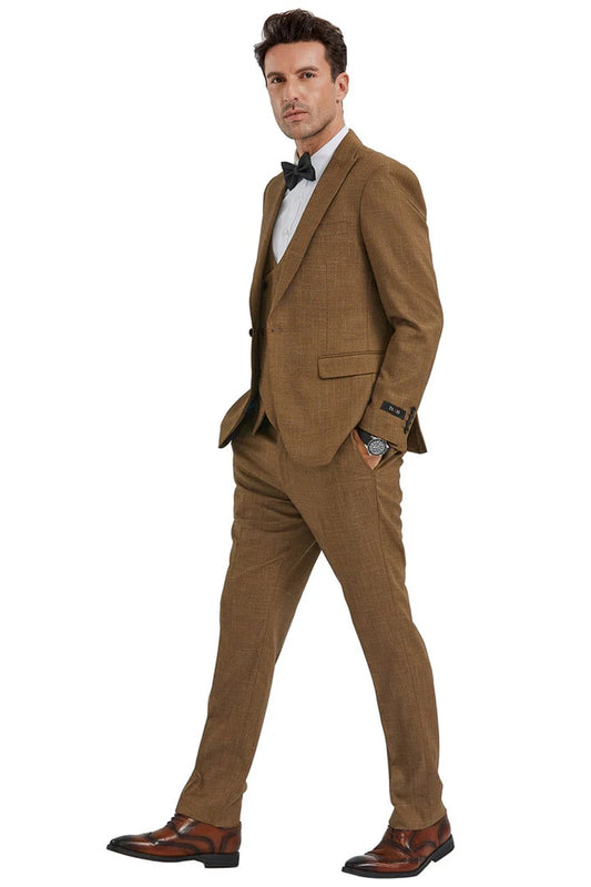 Men's Slim Fit One Button Peak Lapel Suit with Double Breasted Vest in Camel Sharkskin - Men's Tuxedo USA