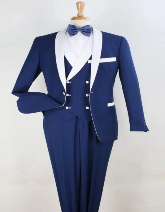 Blue Prom Suit - Blue Homecoming Outfits For Guys White Satin Shawl Lapel Blue - Men's Tuxedo USA