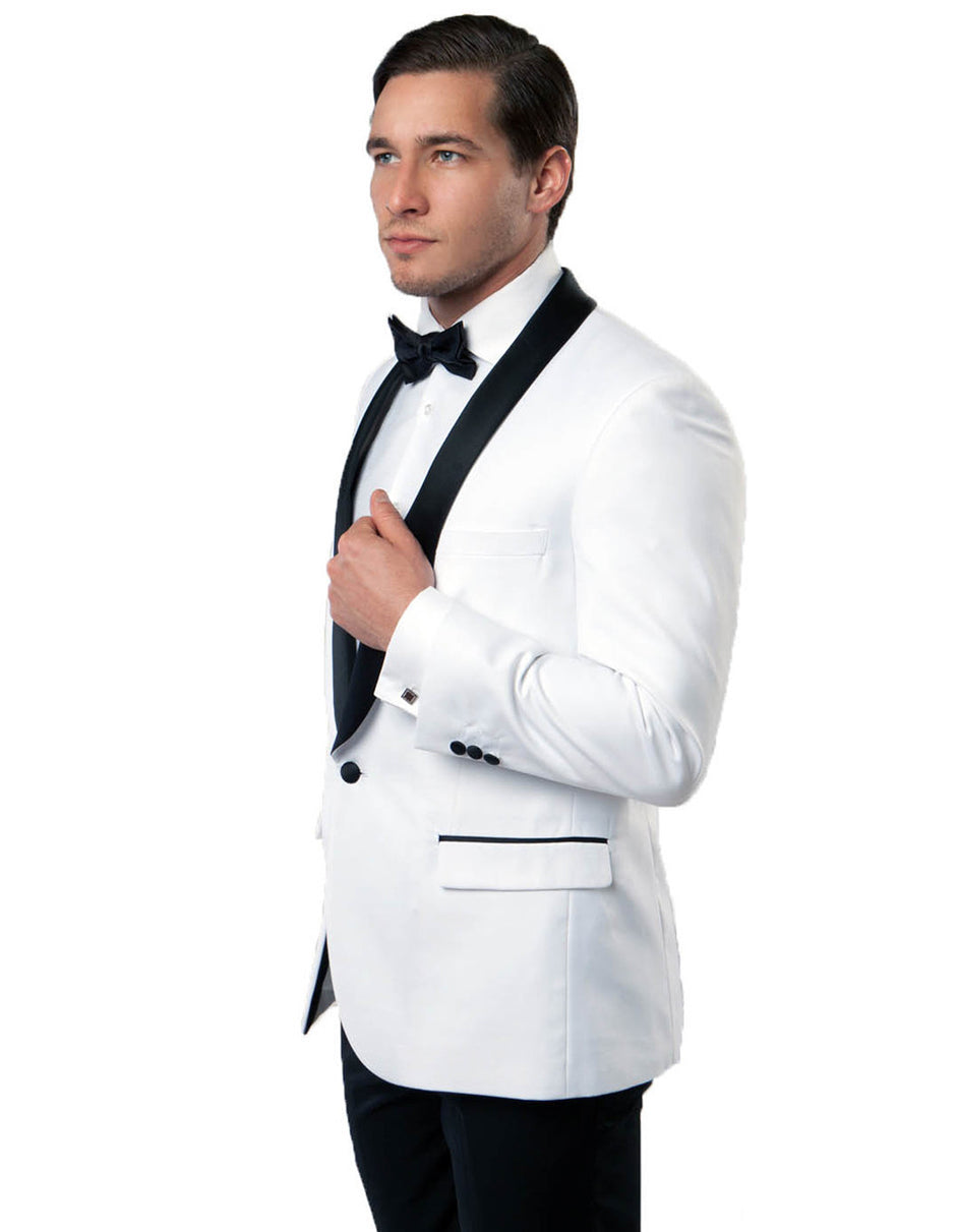 Mens Modern Fit Wool Shawl Tuxedo in White - Men's Tuxedo USA