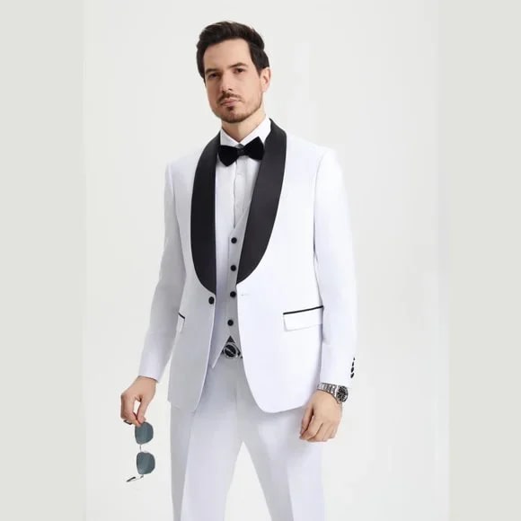 Stacy Adams 3pc Tuxedo Shawl Lapel, Snow White - Men's Tuxedo USA