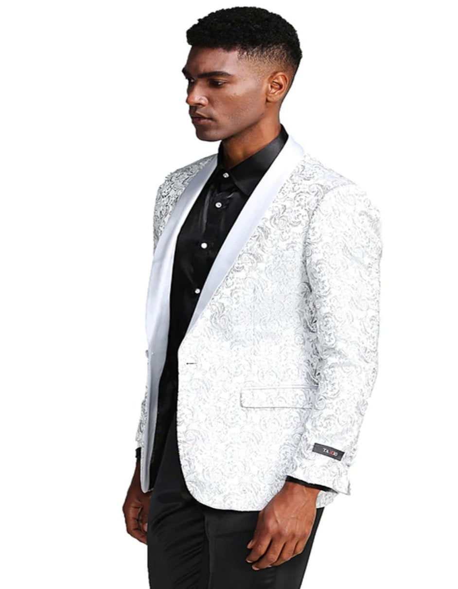 Men's Slim Fit Wedding & Prom Tonal Paisley White Tuxedo Jacket - Men's Tuxedo USA