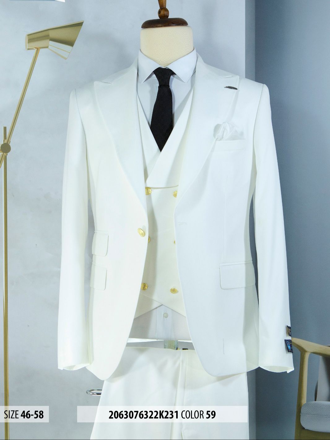 Mens One Button Peak Lapel Vested Wedding Suit with Gold buttons in White - Men's Tuxedo USA