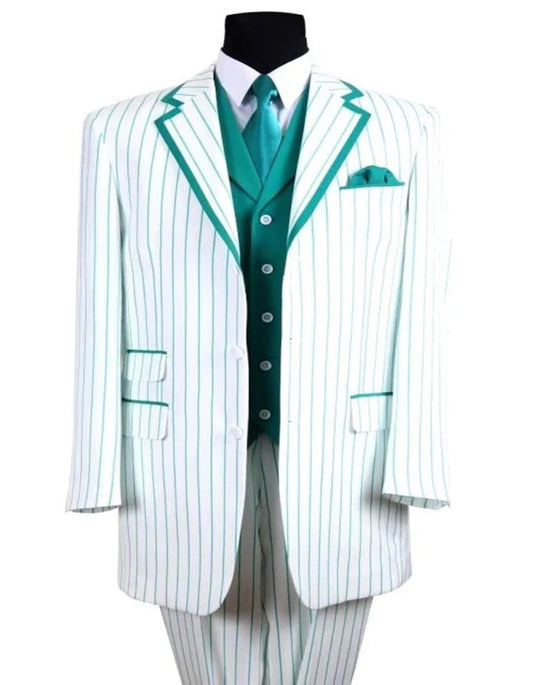 Pleated Dress Men Suits - Mens 3 Button Vested Barbershop Quartet White with Turquoise Pinstripes Suit