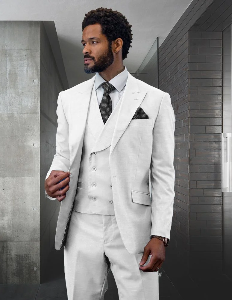 Mens One Button Peak Lapel Vested Wedding Suit with Gold buttons in White - Men's Tuxedo USA