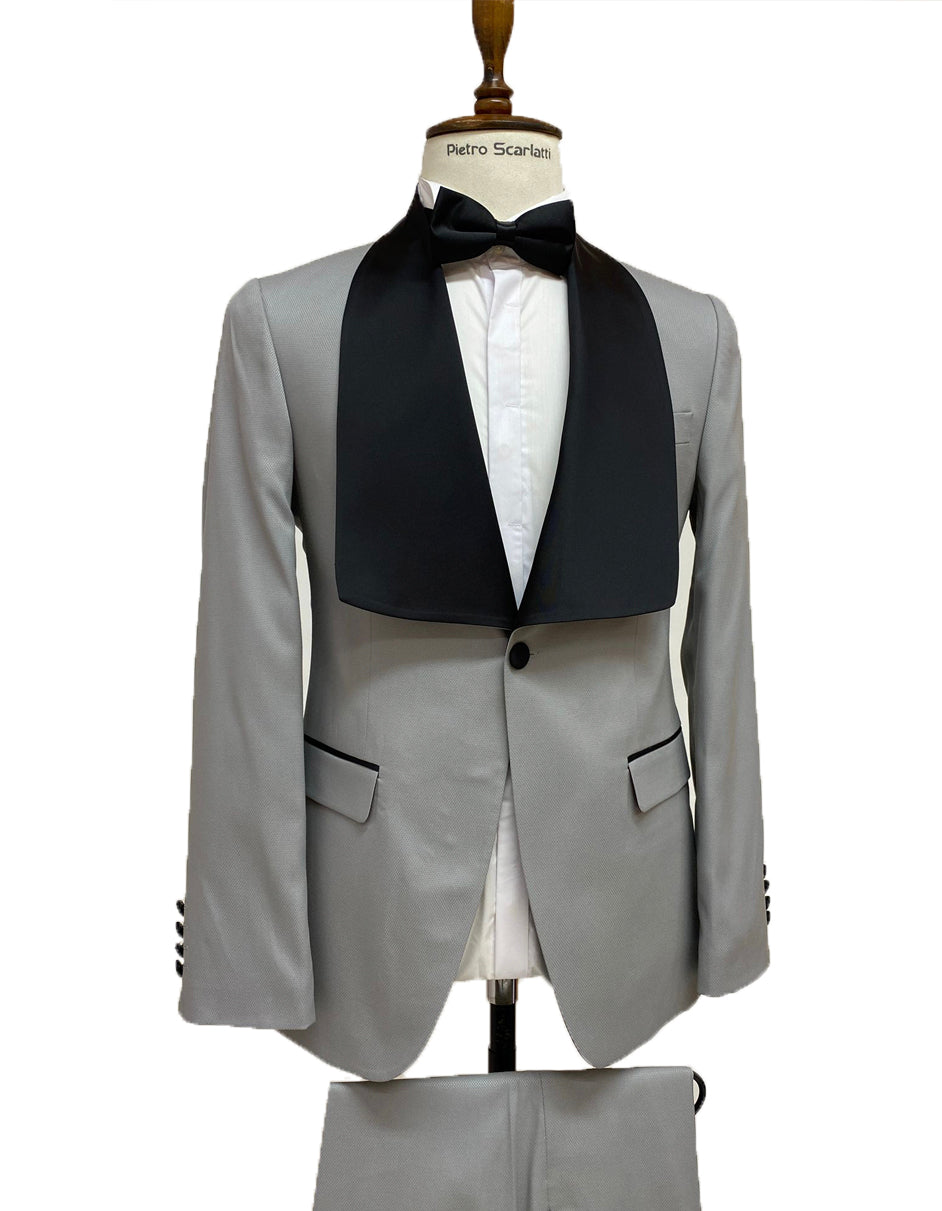 Mens Vested Designer Wide Square Shawl Tuxedo in Grey - Men's Tuxedo USA