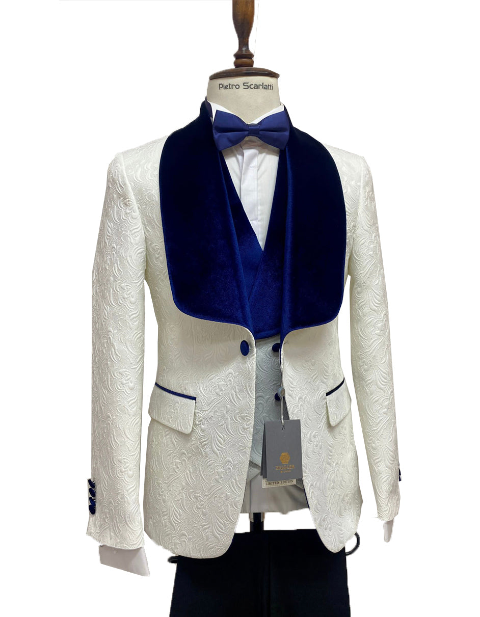 Mens Vested Designer Wide Royal Blue Velvet Shawl Tuxedo in Ivory Paisley - Men's Tuxedo USA