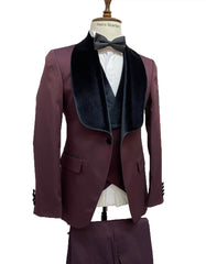 Mens Vested Designer Wide Velvet Shawl Tuxedo in Burgundy - Men's Tuxedo USA